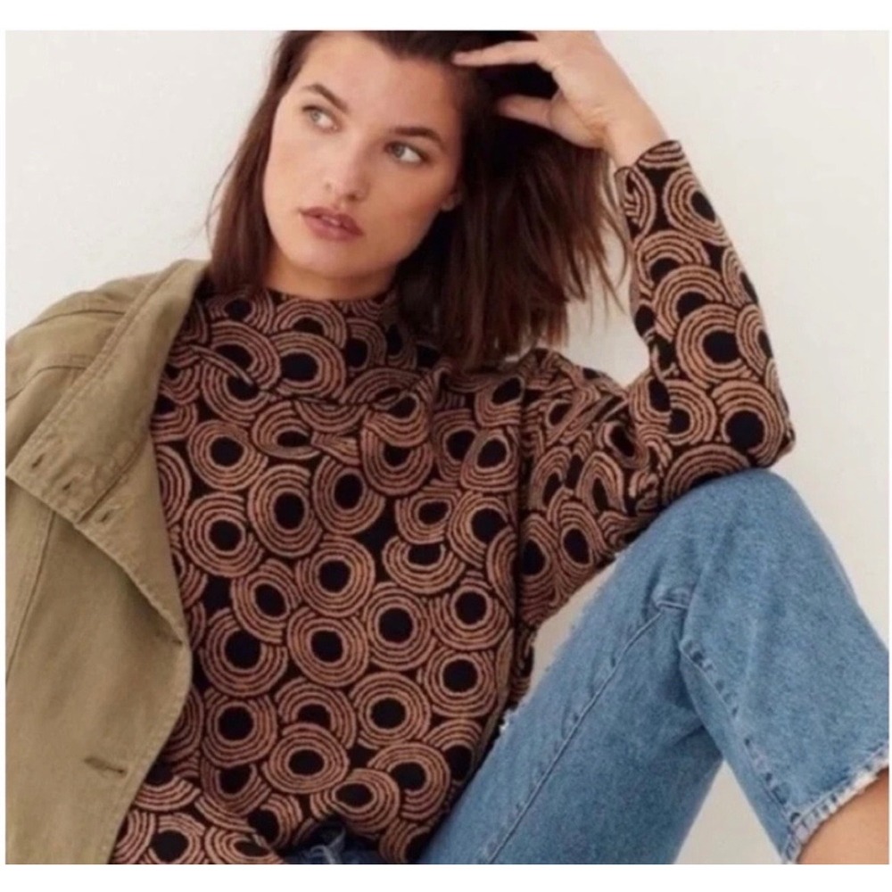 Anthropologie Maeve Funnel Neck Sweater S Boxy Boho Mod Retro Art Deco 70s